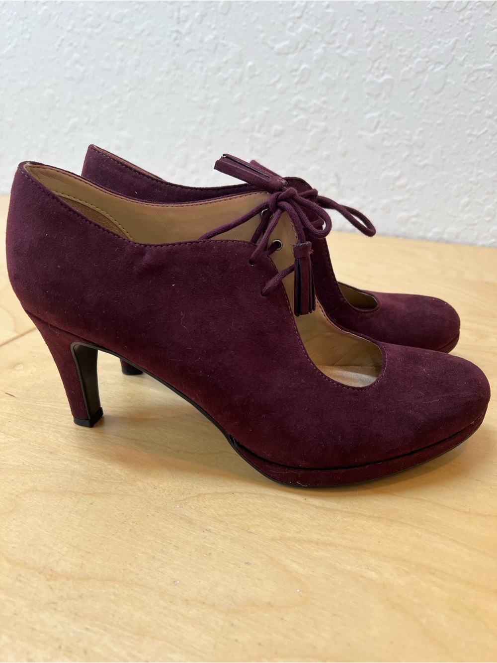 Naturalizer Suede Lace-Up Heels 3” in Burgundy